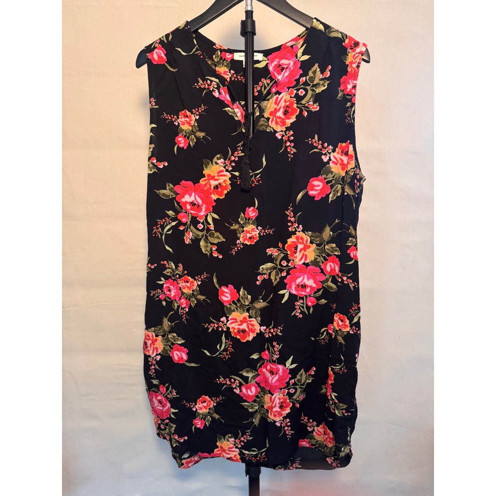 BeachLunchLounge XL Black Floral Sleeveless Shift Dress Tassel MSRP ~$79